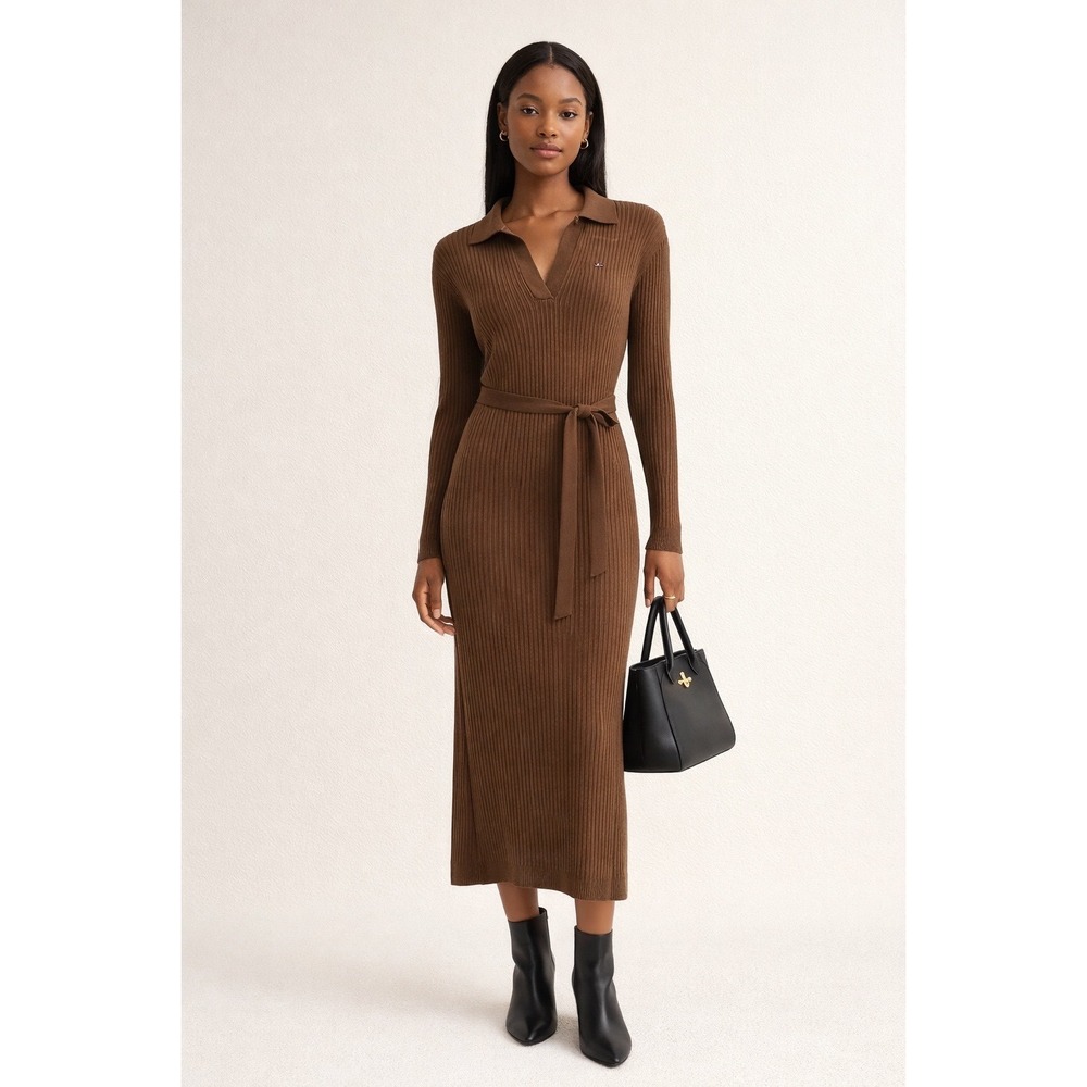 Tommy Hilfiger Brown Rib Knit Polo Midi Dress Long Sleeve Belted Large Preppy